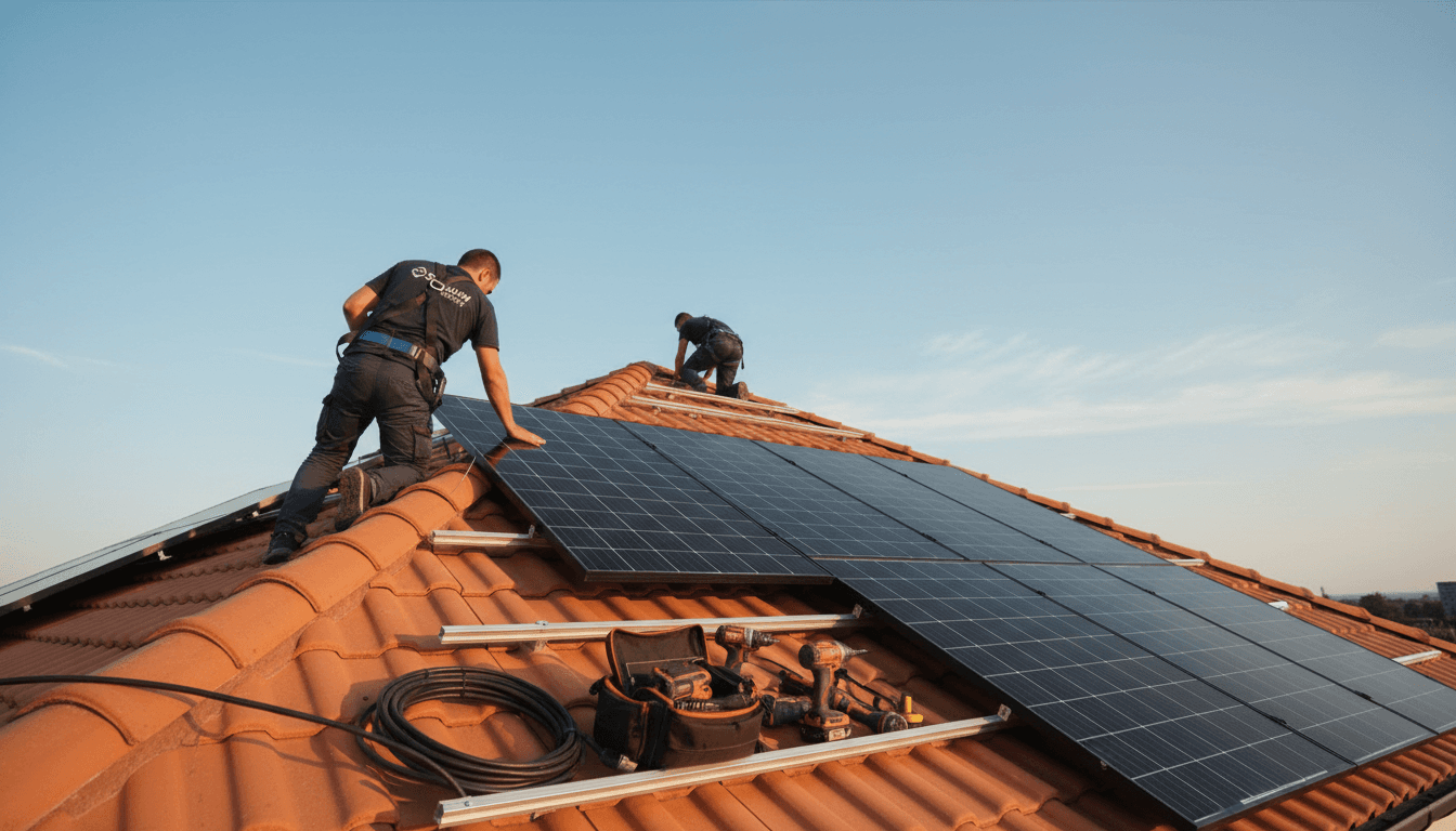 Professionelle Installation von Solarpanelen auf Dach