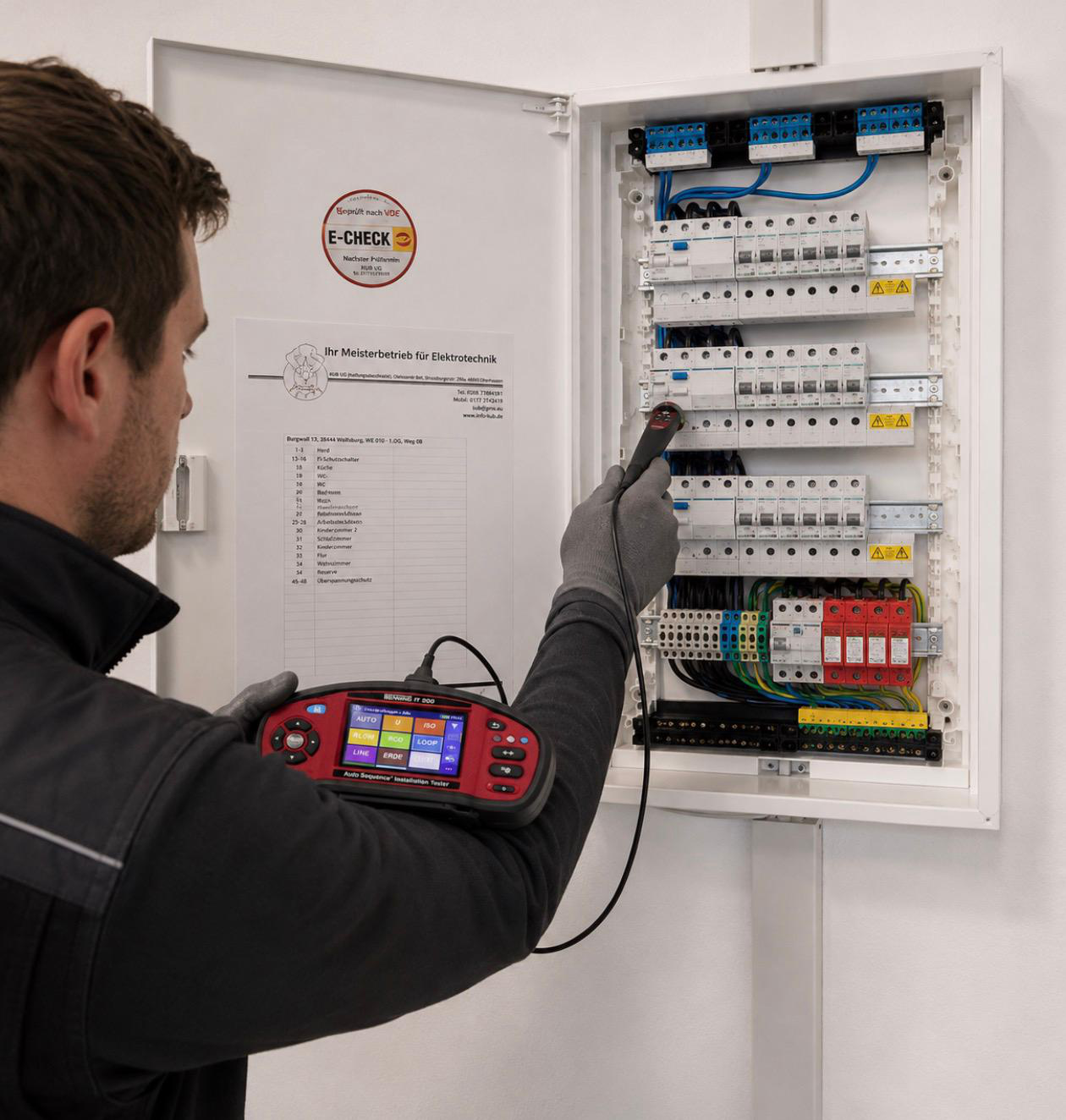 Elektrofachmann führt Inspektionsprüfung mit Messgeräten durch