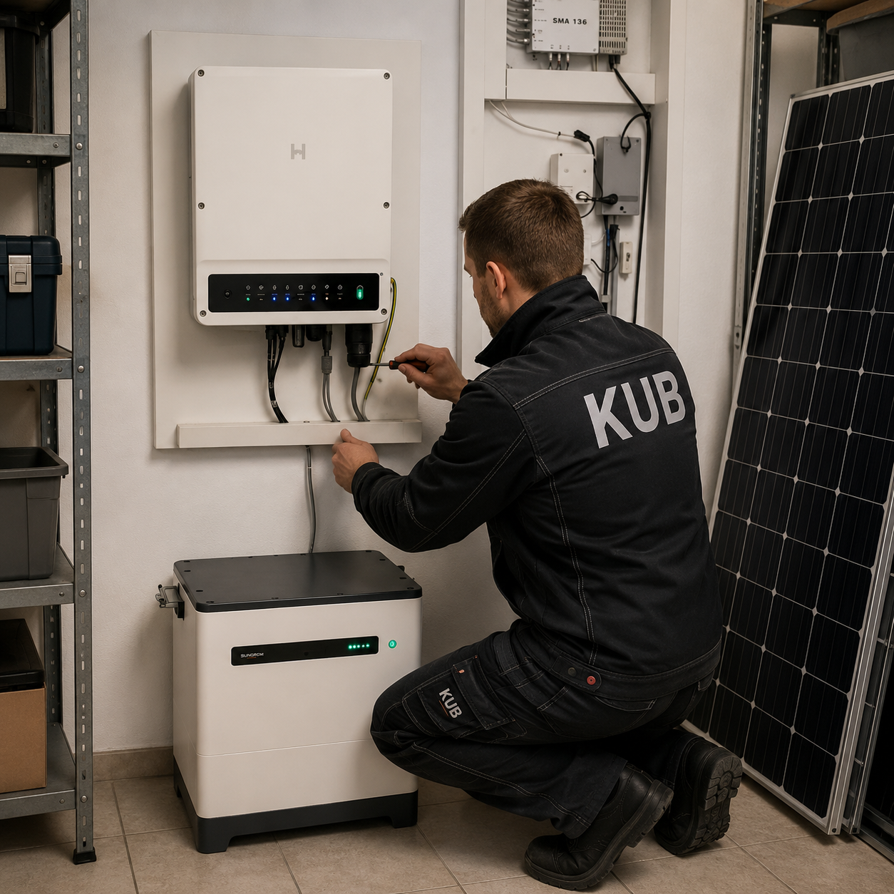Solaranlage auf Wohnhaus-Dach mit Installationstechniker